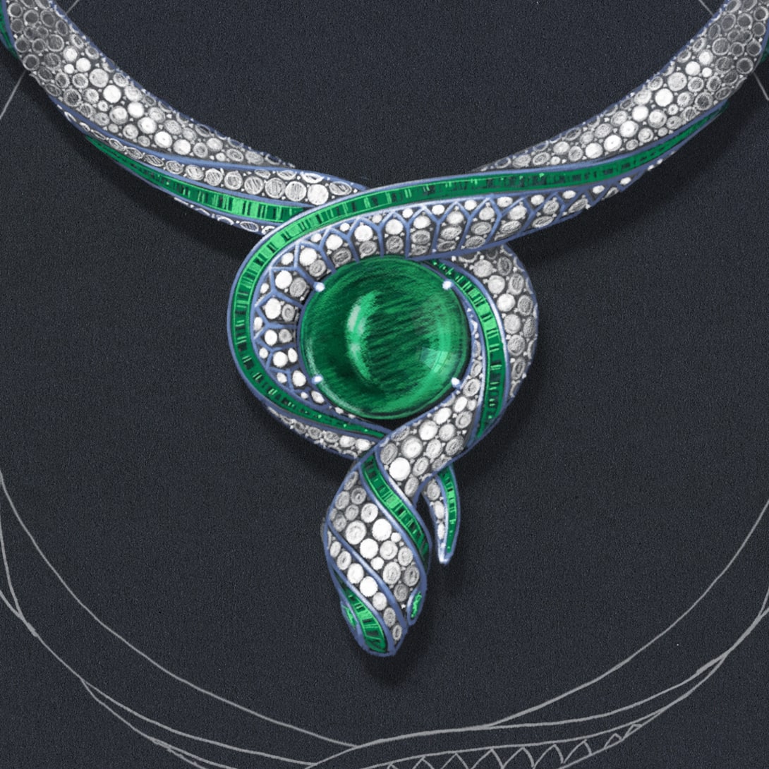 Sketch of The Terra Mater Serpenti High Jewellery necklace with emeralds and diamonds, close-up.