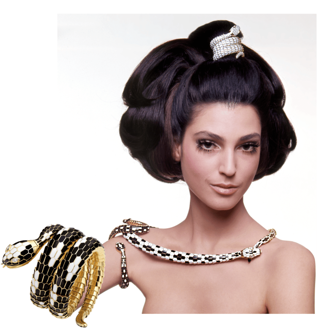 Serpenti necklace of a heritage collection in yellow gold and diamonds around the neck of a model.