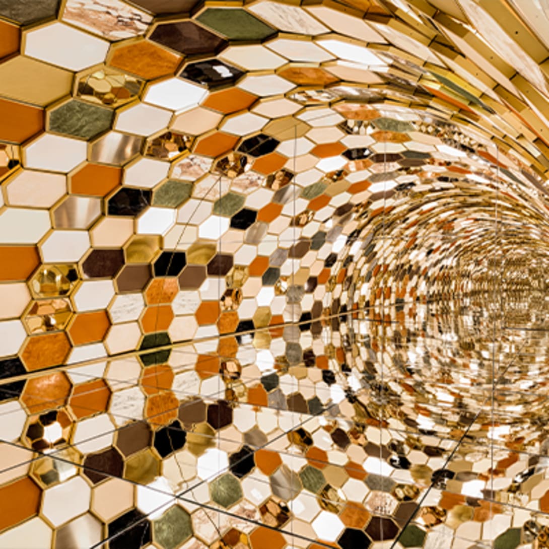 Contemporary art installation representing coloured snake scales inspired by Bulgari's Serpenti creations.