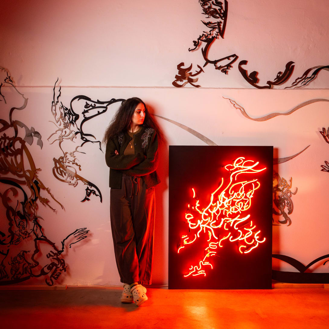 Neon installation “Fragments of Fire Worship” by Monia Ben Hamouda at Biblioteca Marciana.