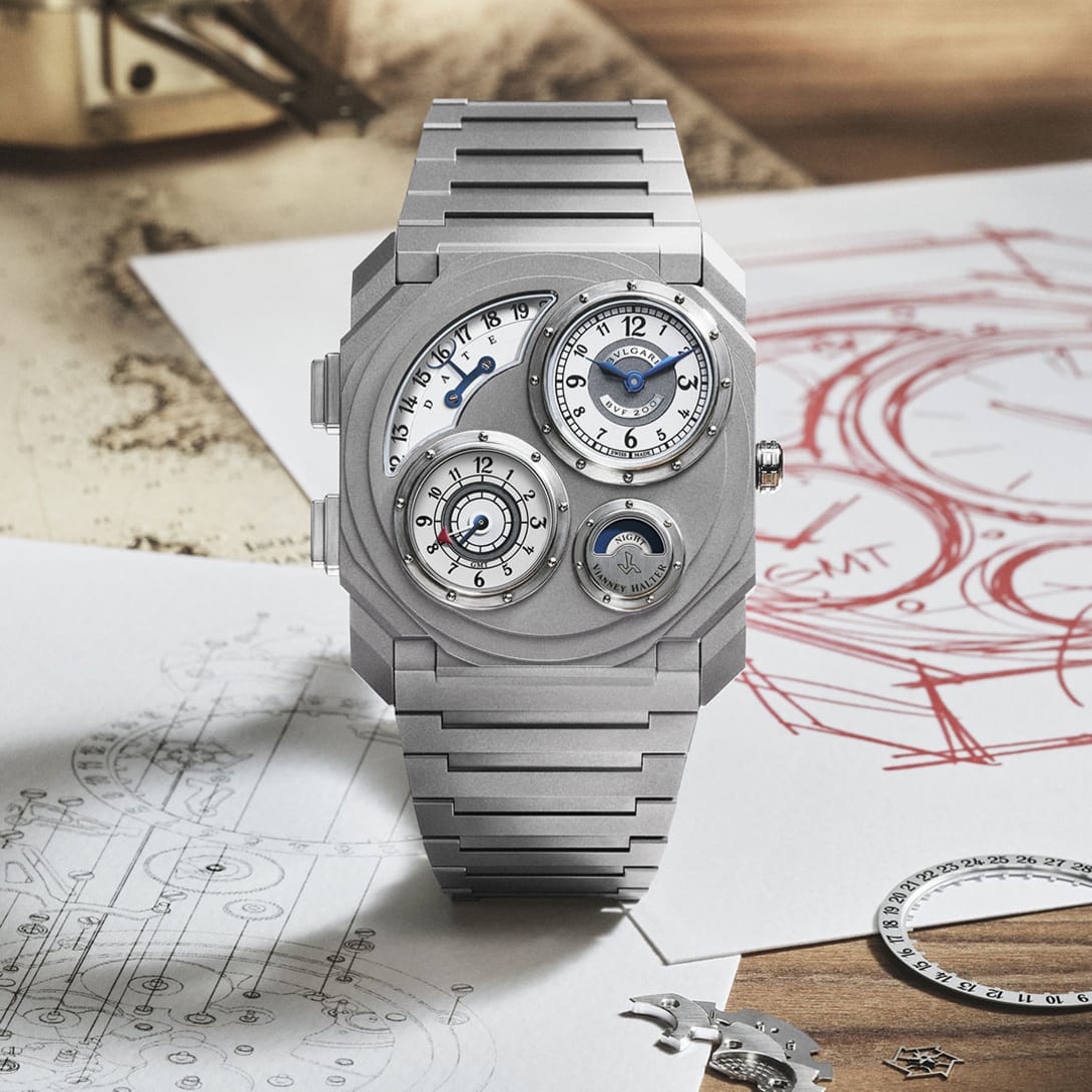 Octo Finissimo Dual Time x Vianney Halter watch with sketches and watch elements in the background.