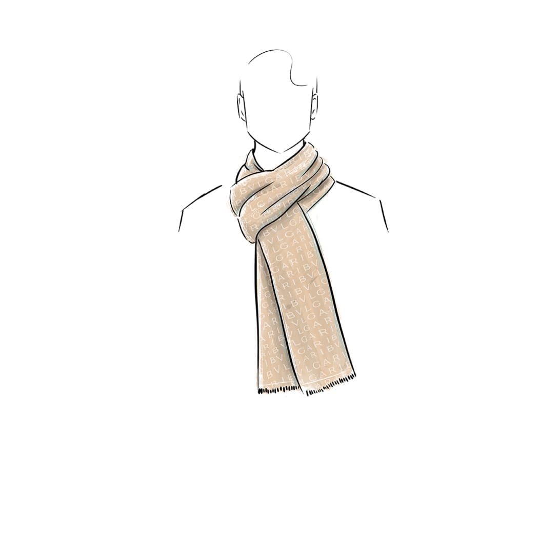 Drawing of a man wearing a Bvlgari stole with a Parisian knot.