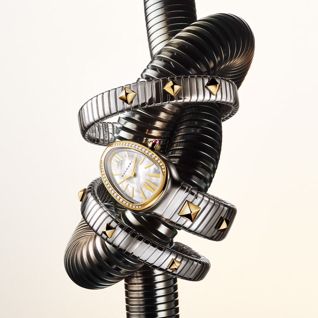Serpenti watch and Bvlgari Tubogas bracelet, creative shot by Gold & Steel Campaign.