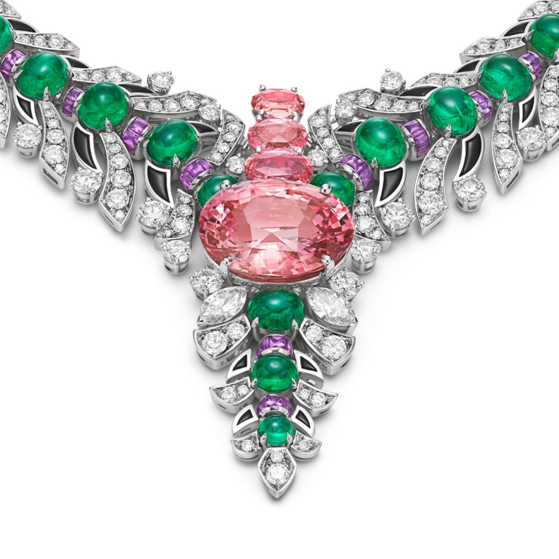 Secret Garden High Jewellery platinum necklace set with a Padparadscha sapphire, emeralds and diamonds.