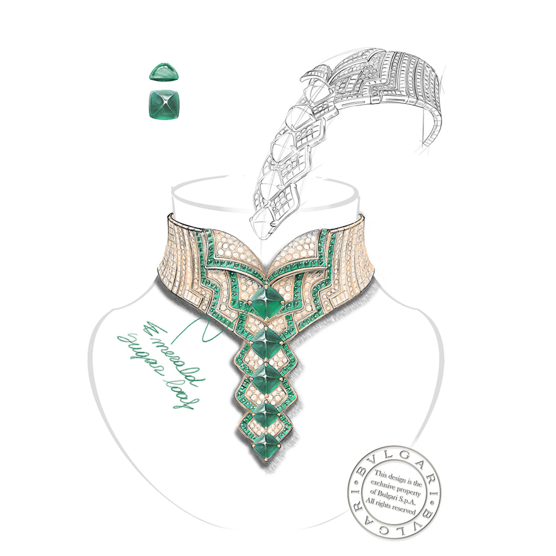 Sketch of Emerald Strata High Jewellery rose gold necklace with five sugarloaf emeralds and diamonds.