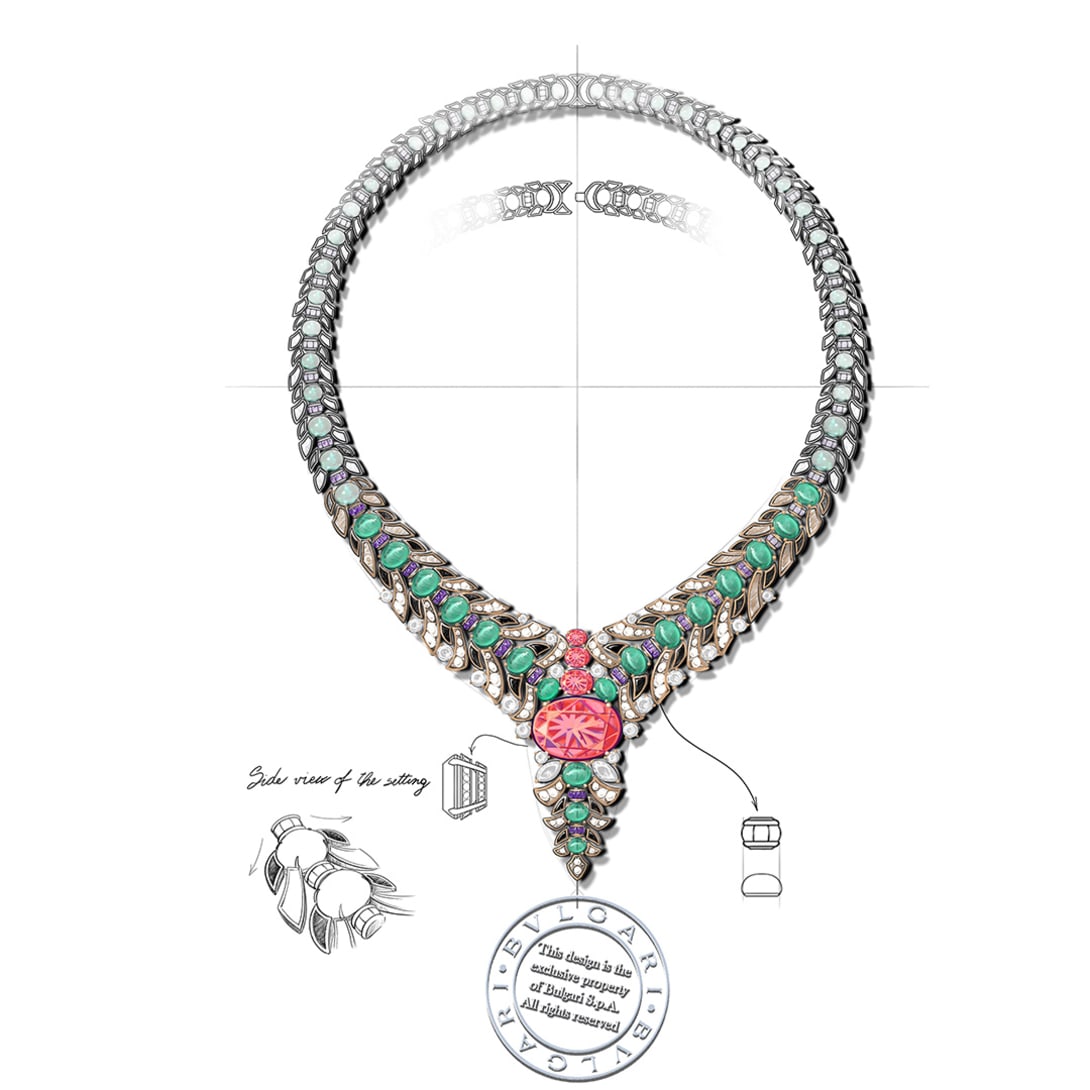 Sketch of Secret Garden High Jewellery necklace with a Padparadscha sapphire, emeralds and diamonds.