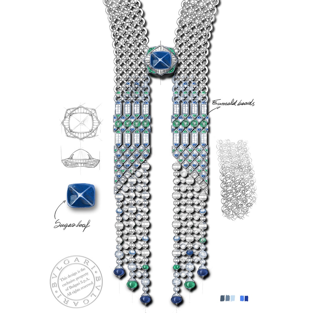 Sketch of the Seres Scarf High Jewellery necklace in white gold with sapphires, emeralds and diamonds.