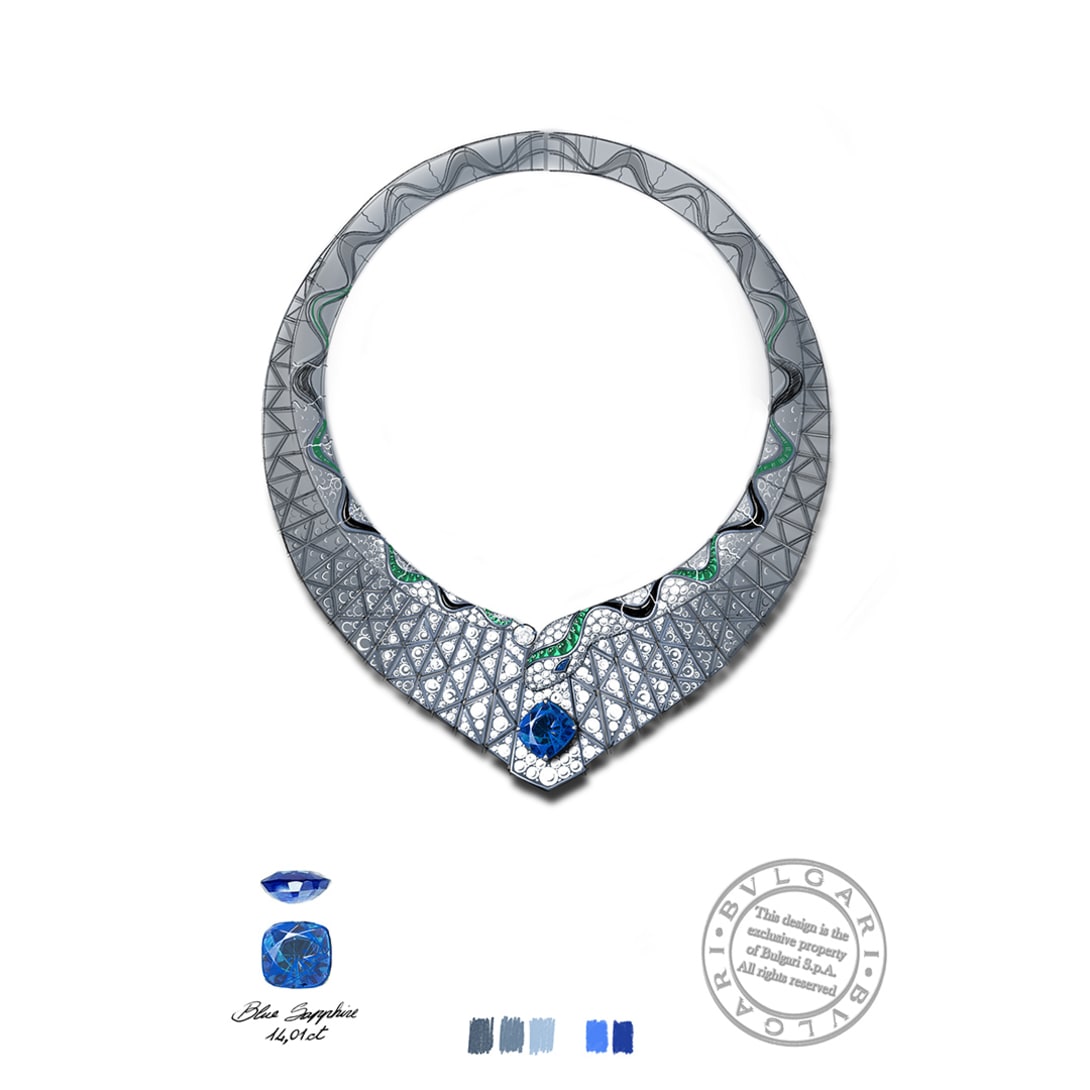 Sketch of Serpenti Illusio High Jewellery necklace set with a sapphire, diamonds, onyx and emeralds.