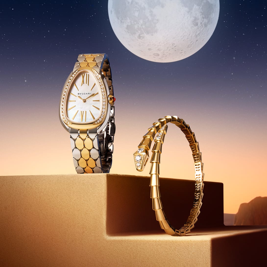 Serpenti Seduttori steel and gold watch and Serpenti Viper bracelet set against a moonlit night sky.