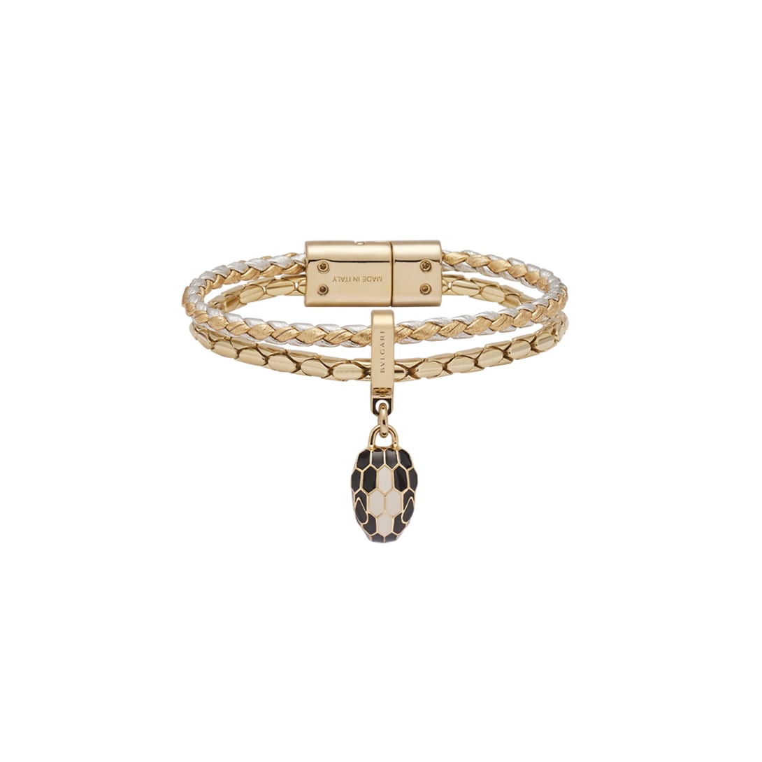 Serpenti Forever bracelet in star rose pink braided calf leather and gold-plated brass chain with magnetic clasp closure.