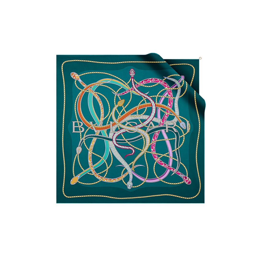 Serpenti 75 scarf in fine white agate printed silk twill with a Bvlgari Bvlgari metal pendant.