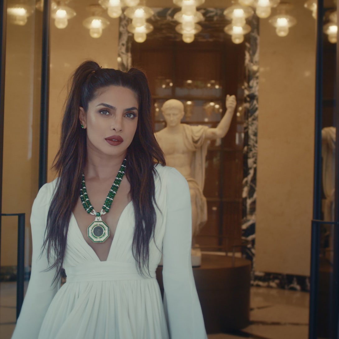 Priyanka Chopra Jonas wearing a Bvlgari High Jewellery Monete necklace at the Bvlgari Hotel Roma.