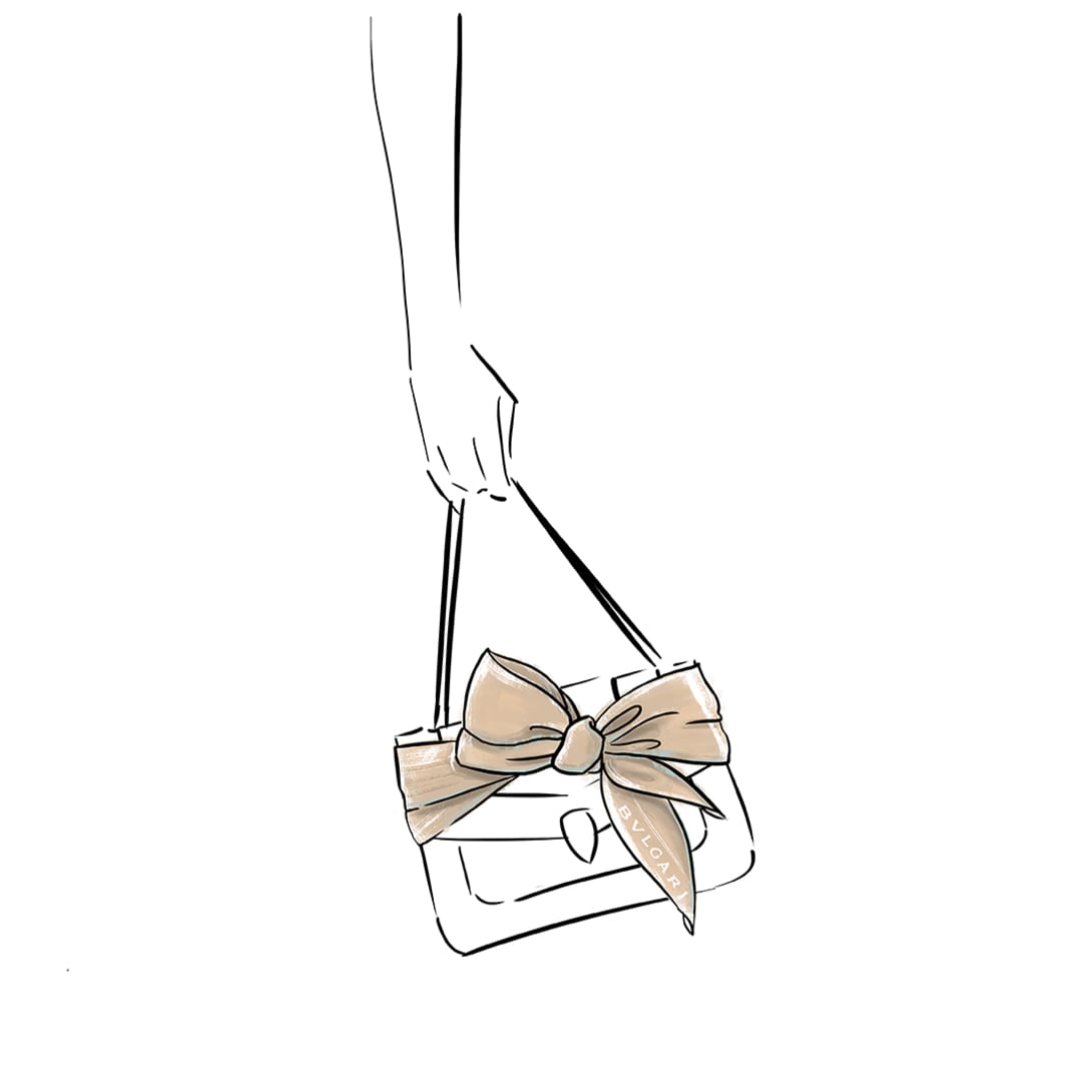Drawing of a Bvlgari scarf tied with a bow around a Serpenti Forever bag.