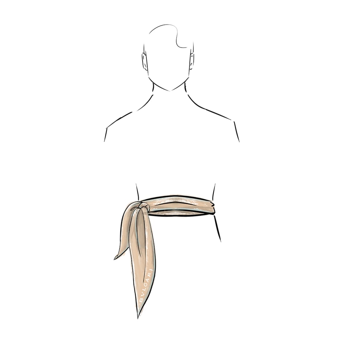 Drawing of a woman wearing a Bvlgari scarf wrapped around her neck with both ends at the front.