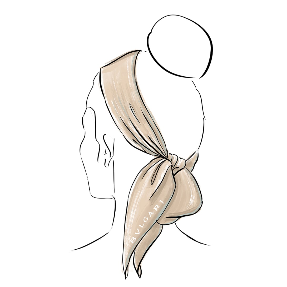 Drawing of a woman from the back wearing a Bvlgari scarf on the head as a headband.