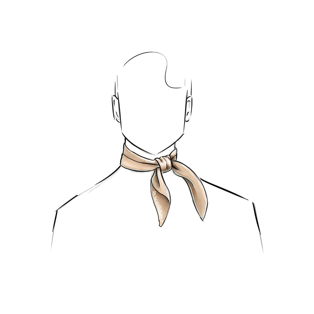Drawing of a man wearing a Bvlgari shelley around the neck with a knot at the front.