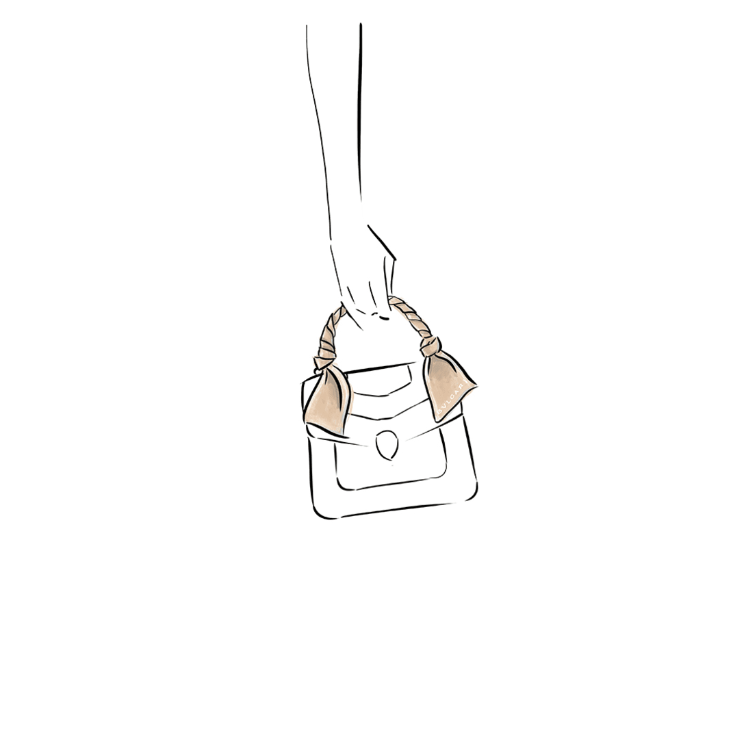 Drawing of a Bvlgari Serpenti Forever bag accessorised with a Bvlgari silk shelley tied along the top handle.
