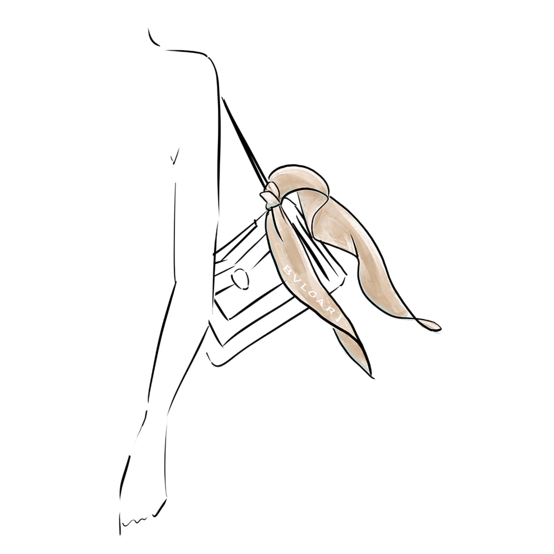 Drawing of a Bvlgari Serpenti Forever bag accessorised with a Bvlgari silk shelley tied on the shoulder strap.
