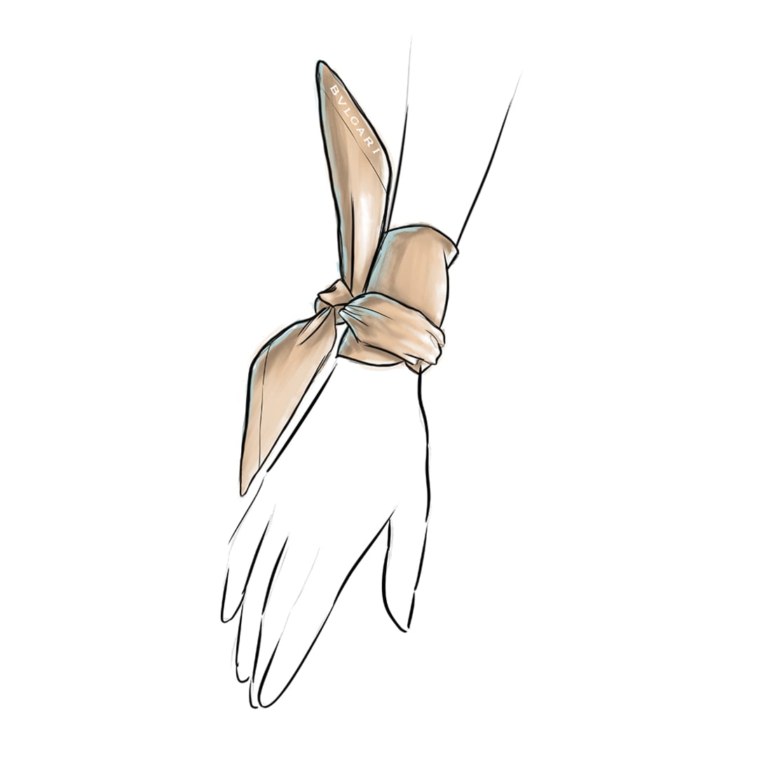 Drawing of a Bvlgari shelley wrapped and tied around the wrist like a bracelet.