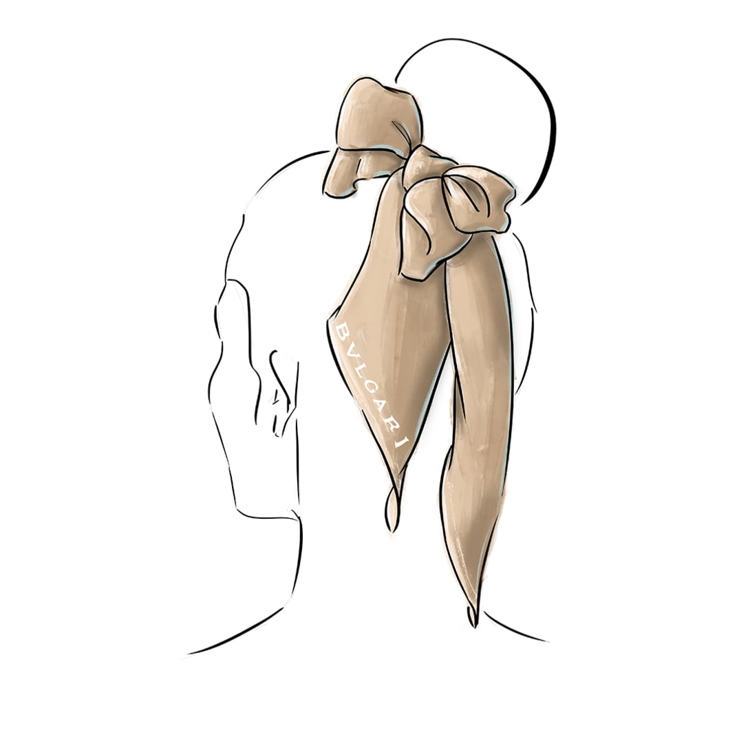 Drawing of a woman from behind with a Bvlgari shelley tied around her bun with a bow.