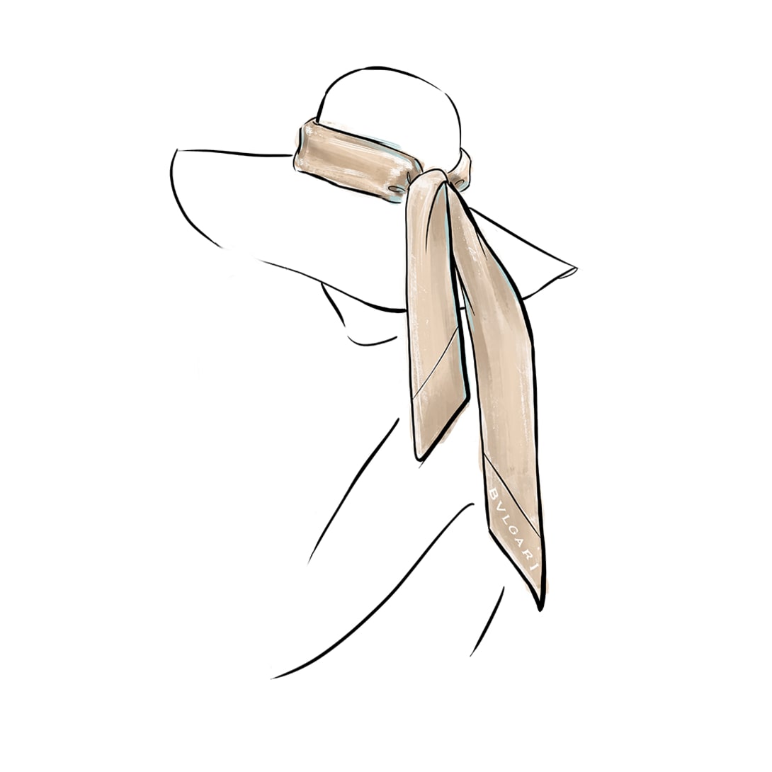 Drawing of a woman from the side wearing a hat with a Bvlgari shelley tied around it.