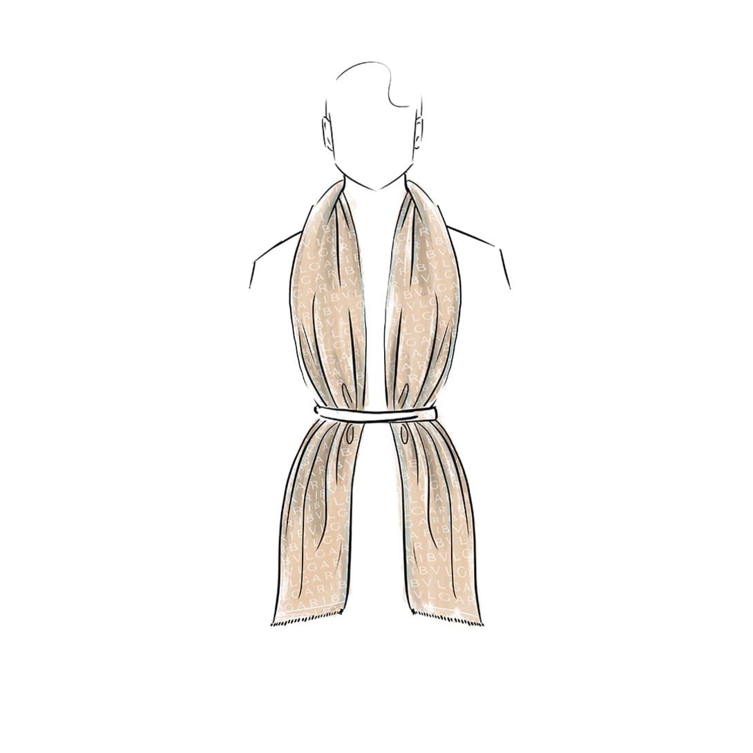 Drawing of a person wearing a Bvlgari stole around the neck with both ends at the front and a band around them at waist height.