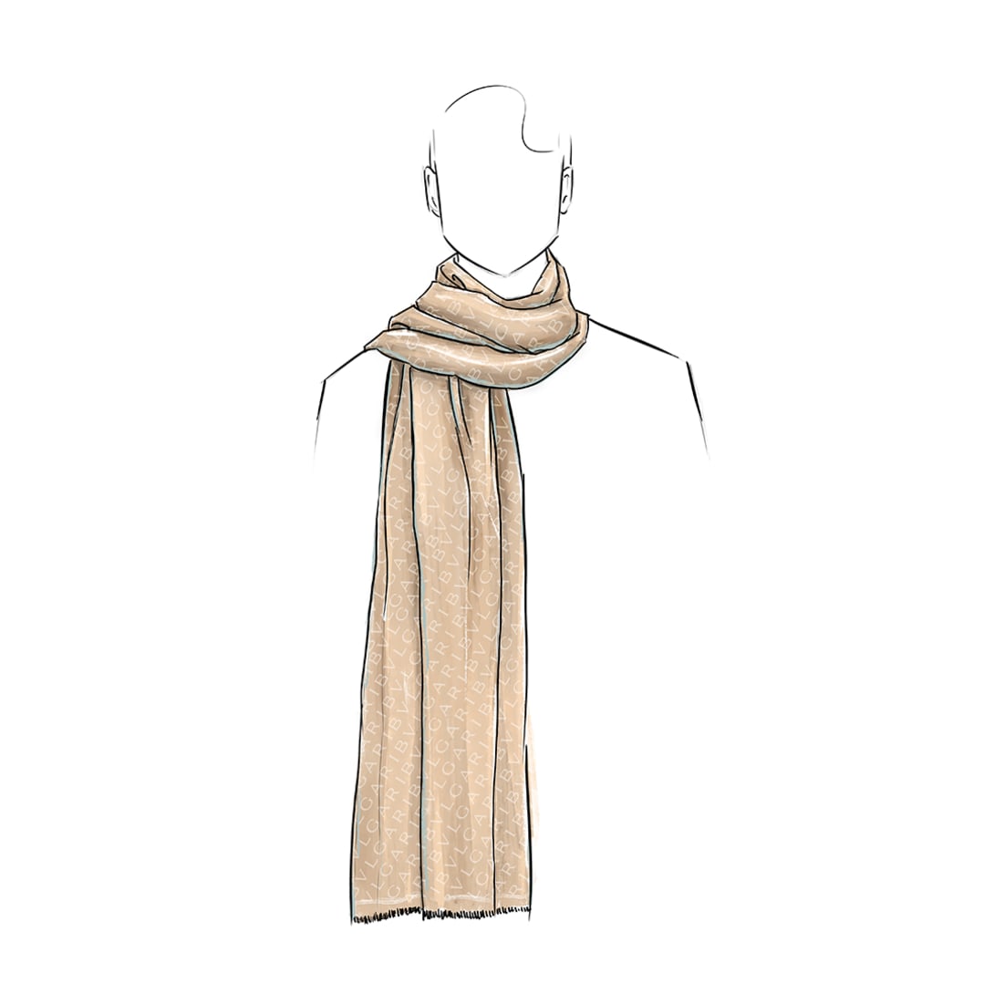 Drawing of a man wearing a Bvlgari stole once around the neck with the longer end at the front and the other end at the back.