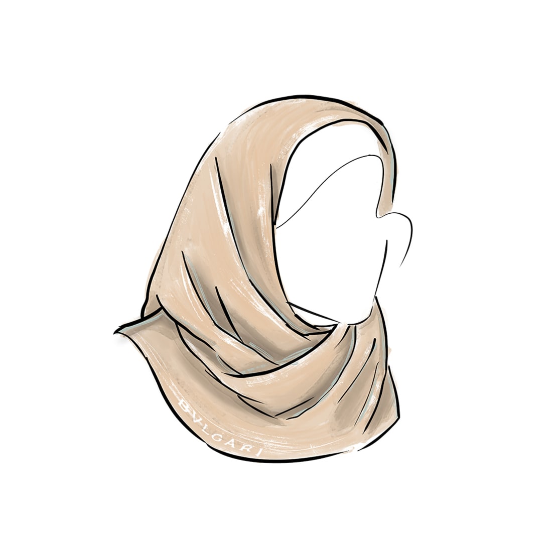 Drawing of a woman wearing a Bvlgari stole over the head and around the neck.