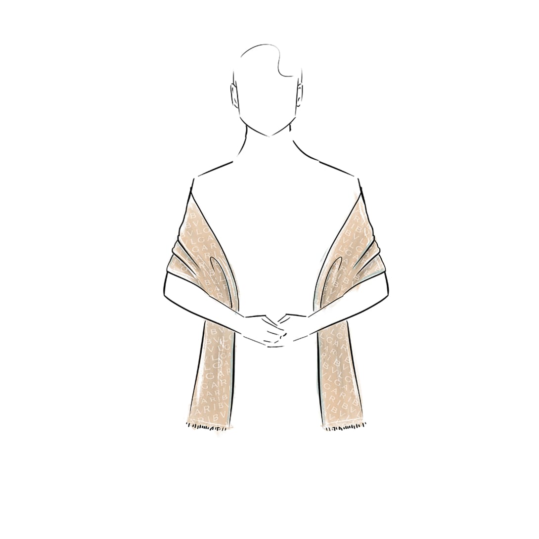 Drawing of a person wearing a Bvlgari stole around the shoulders.