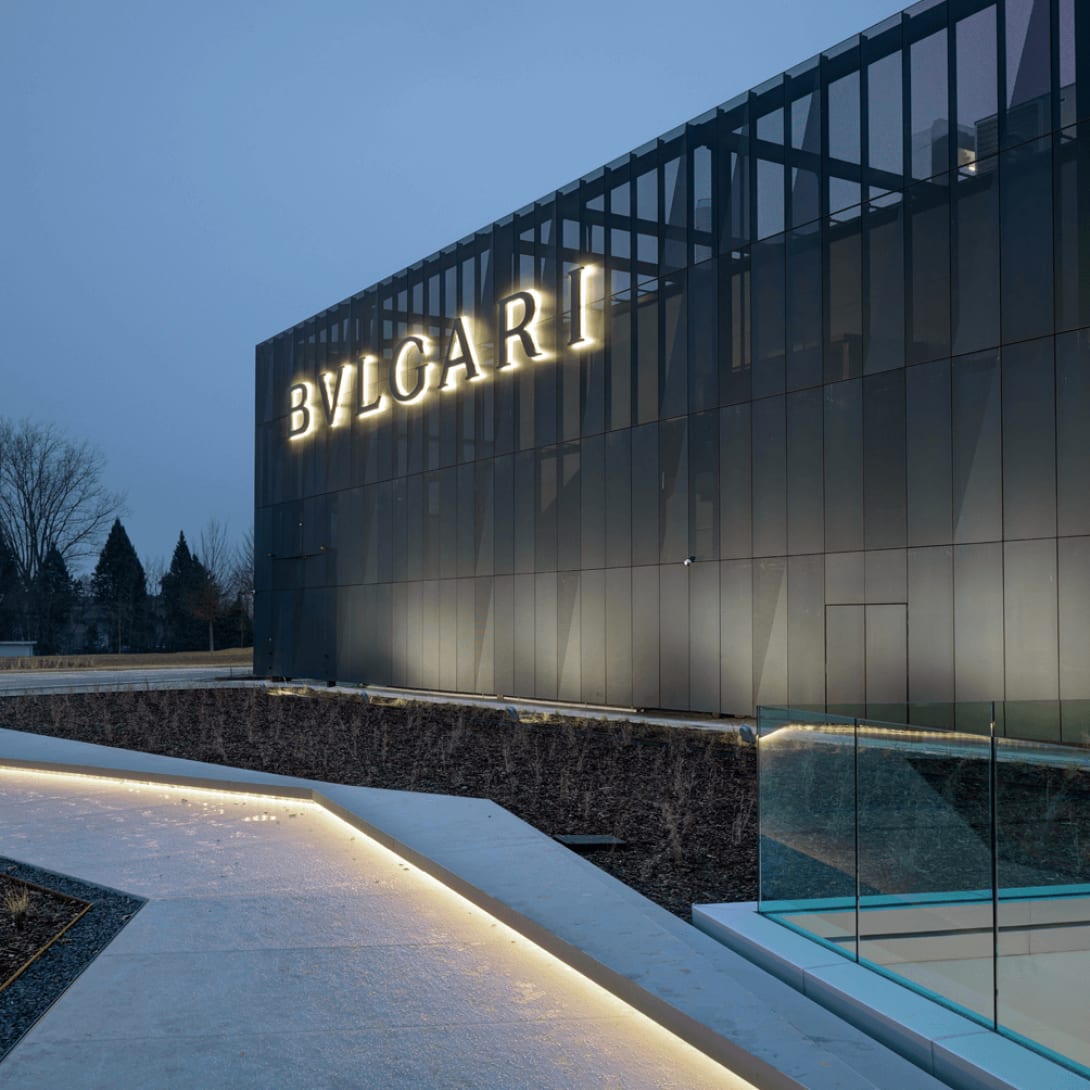 Modern facade of the sustainable Bulgari jewellery manufacture in Valenza.