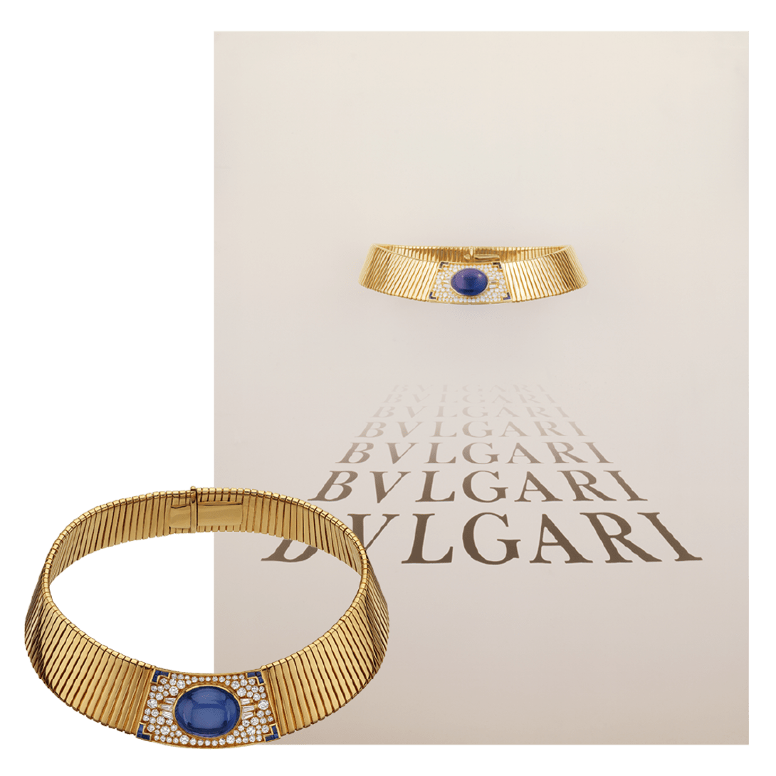 Heritage campaign of Bulgari nacklace with blue sapphire and gold, tubogas technique.