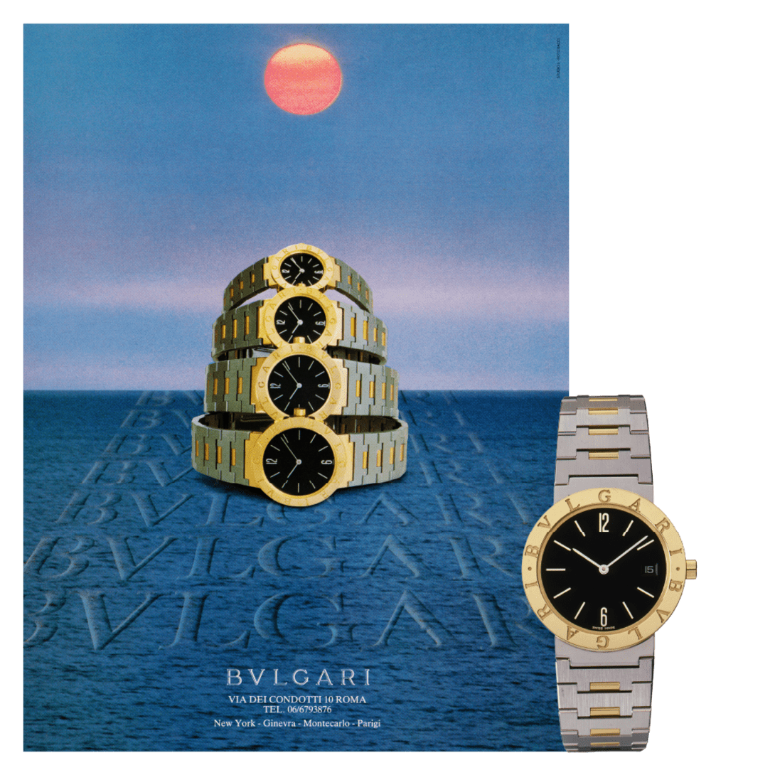 Bulgari Bulgari “Dream” campaign. Sunset in the background and four bulgari bulgari watches