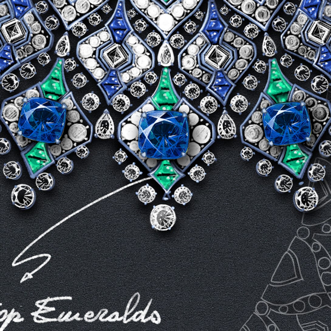 Sketch of The Sapphire Brocade High Jewellery necklace with cushion sapphires, emeralds and diamonds, close-up.