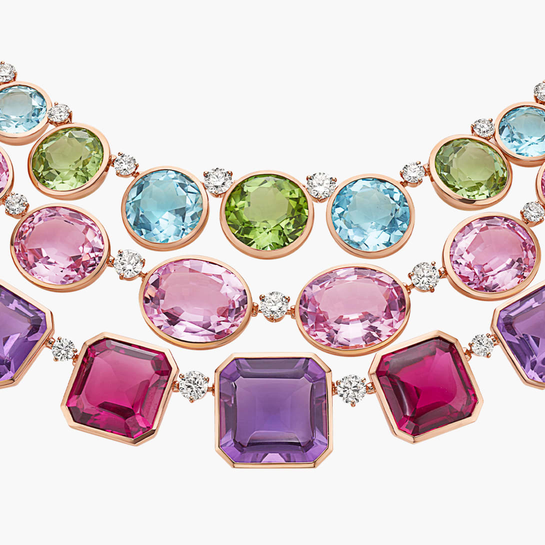 The Earth Song High Jewellery necklace with pink tourmaline, amethyst, kunzite and round-cut diamonds, close-up.