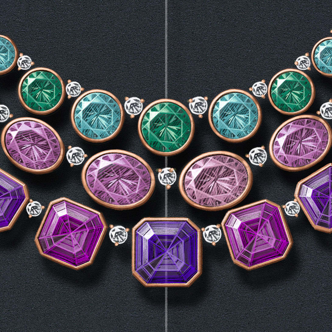 Sketch of The Earth Song High Jewellery necklace with pink tourmaline, amethyst, kunzite and round-cut diamonds, close-up.