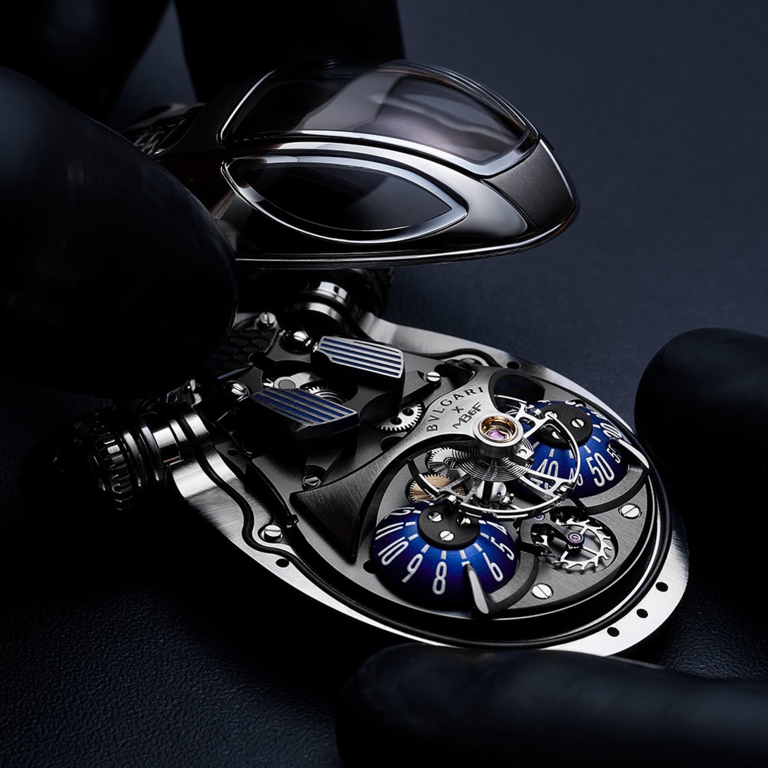 Assembly of the Bvlgari x MB&F Serpenti Limited Edition watch case, close up.