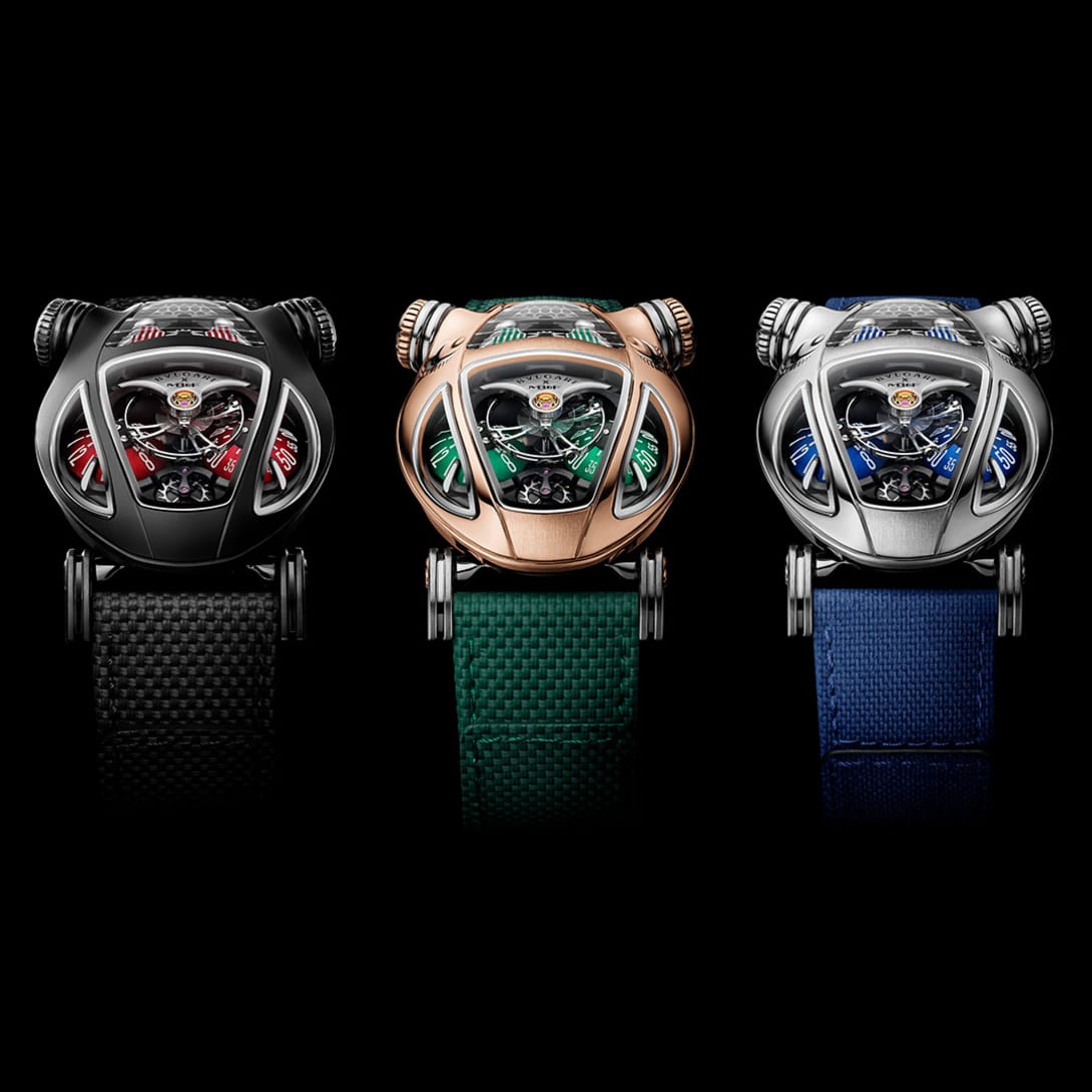 Bvlgari x MB&F Serpenti watch with rose gold openwork case and green rubber strap, side view.