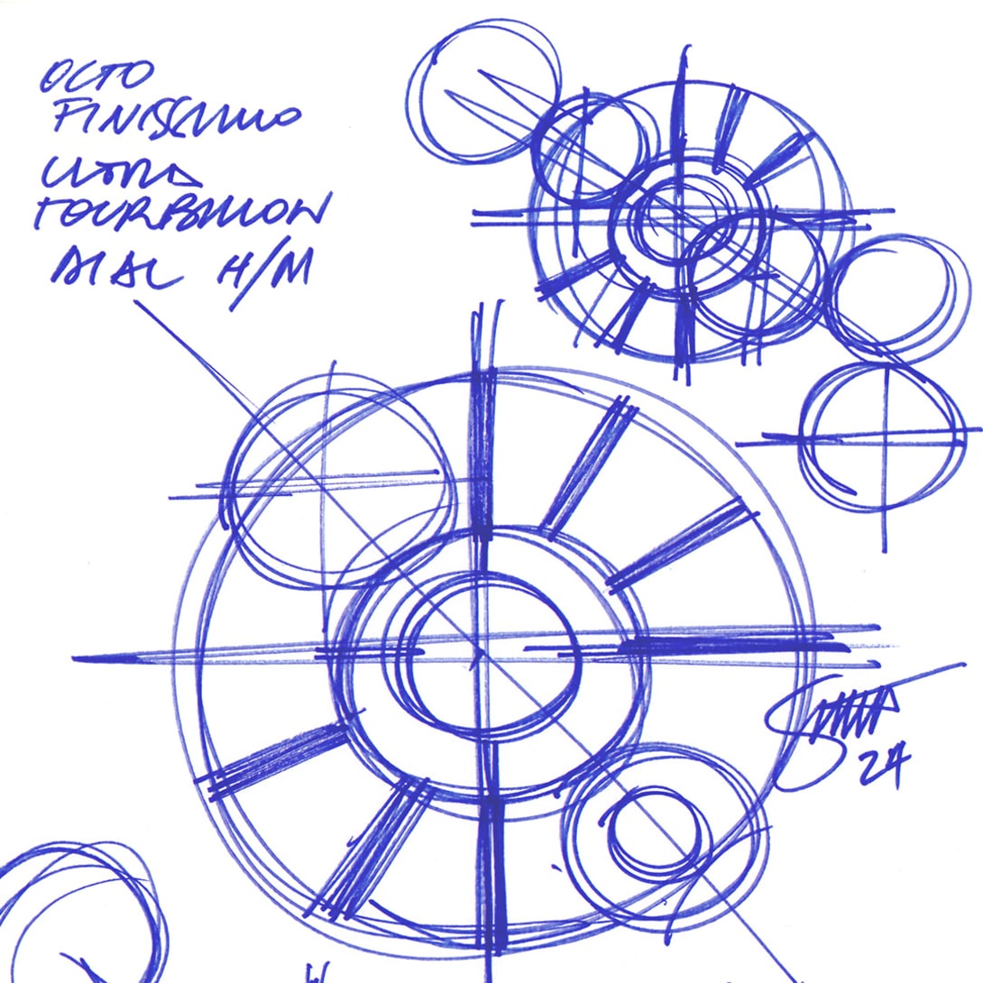 Detailed sketch of Bvlgari's ultra-thin Octo Finissimo Ultra Tourbillon manufacture movement.