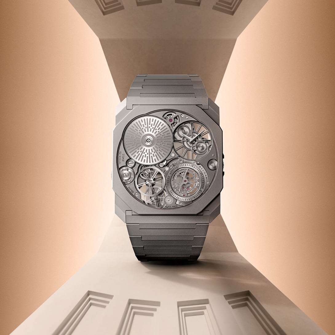 Octo Finissimo Ultra Tourbillon watch in sandblasted titanium, close up on the skeletonized dial.