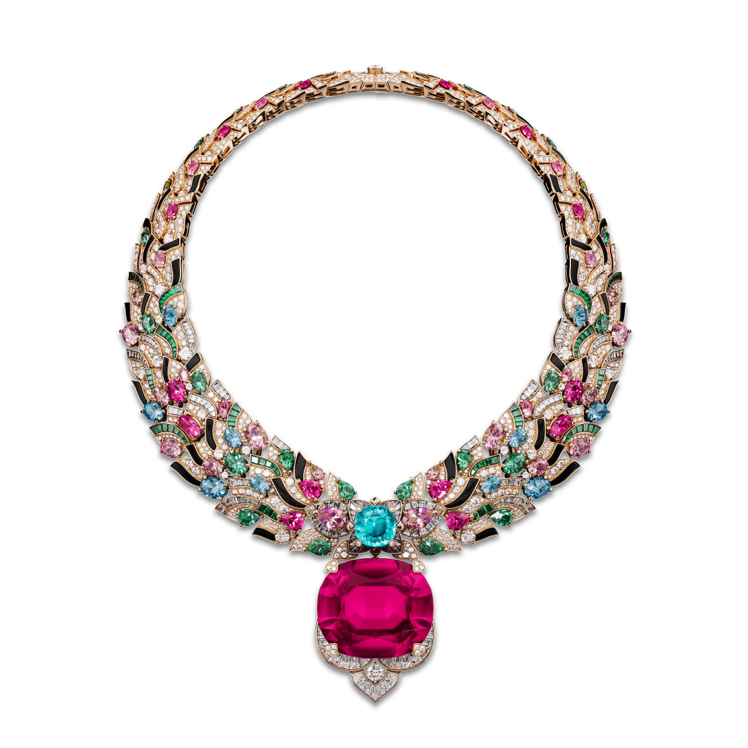 Celestial Mosaic Necklace of Polychroma High Jewellery collection, creative shot.