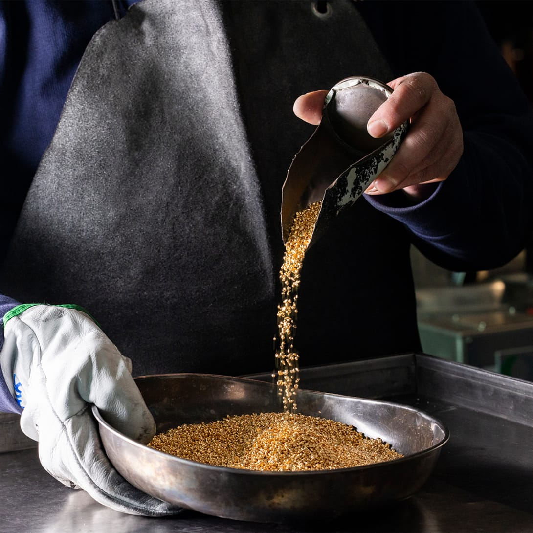 Casting of molten gold at Bulgari, close up.
