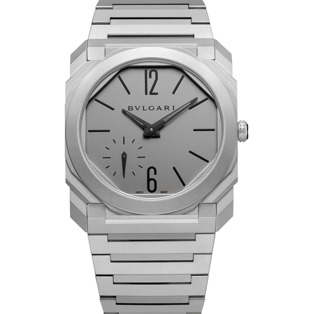 Octo Finissimo Automatic watch in titanium case and bracelet with extra thin mechanical manufacture movement.