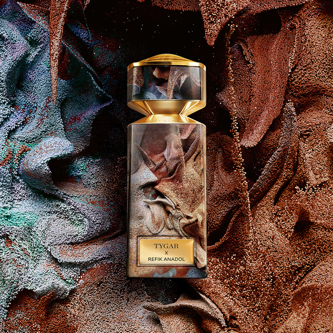  Bvlgari Le Gemme Tygar x Refix Anadol Limited Edition bottle by media artist, matching creative backdrop.