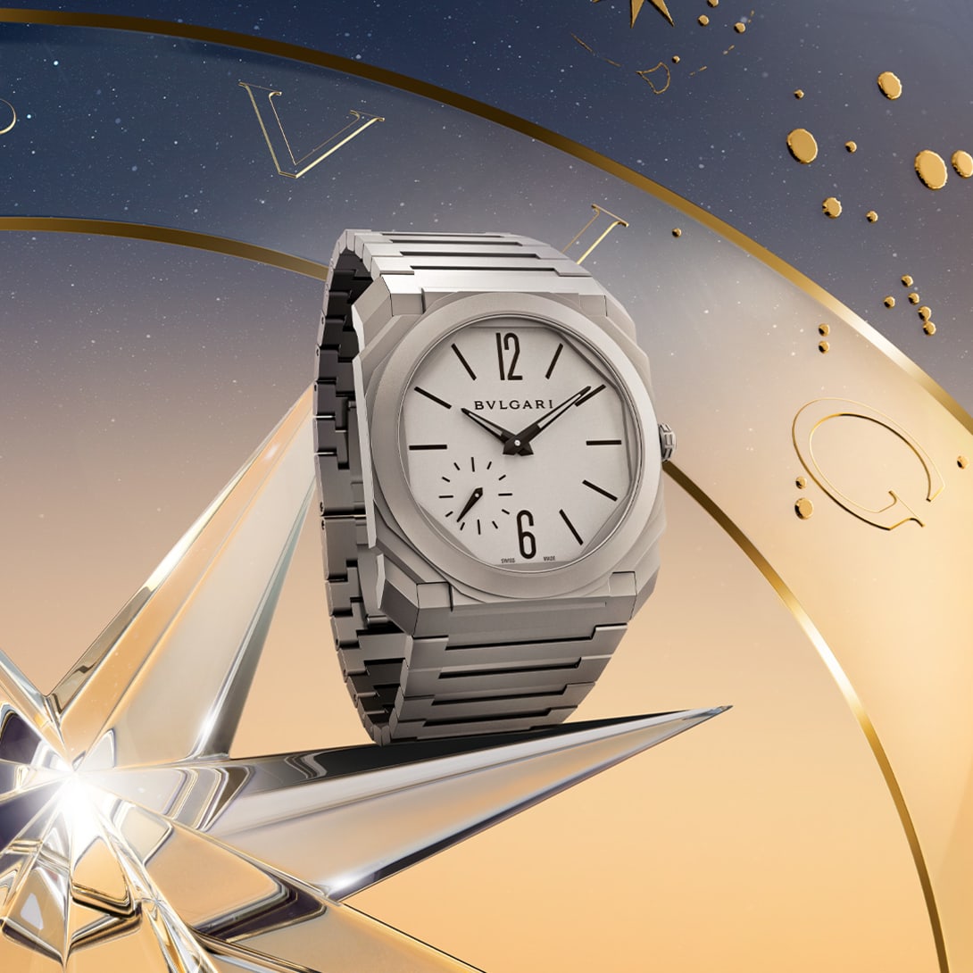 Octo Finissimo Automatic ultra-thin watch with Bvlgari Holiday Season creative backdrop.