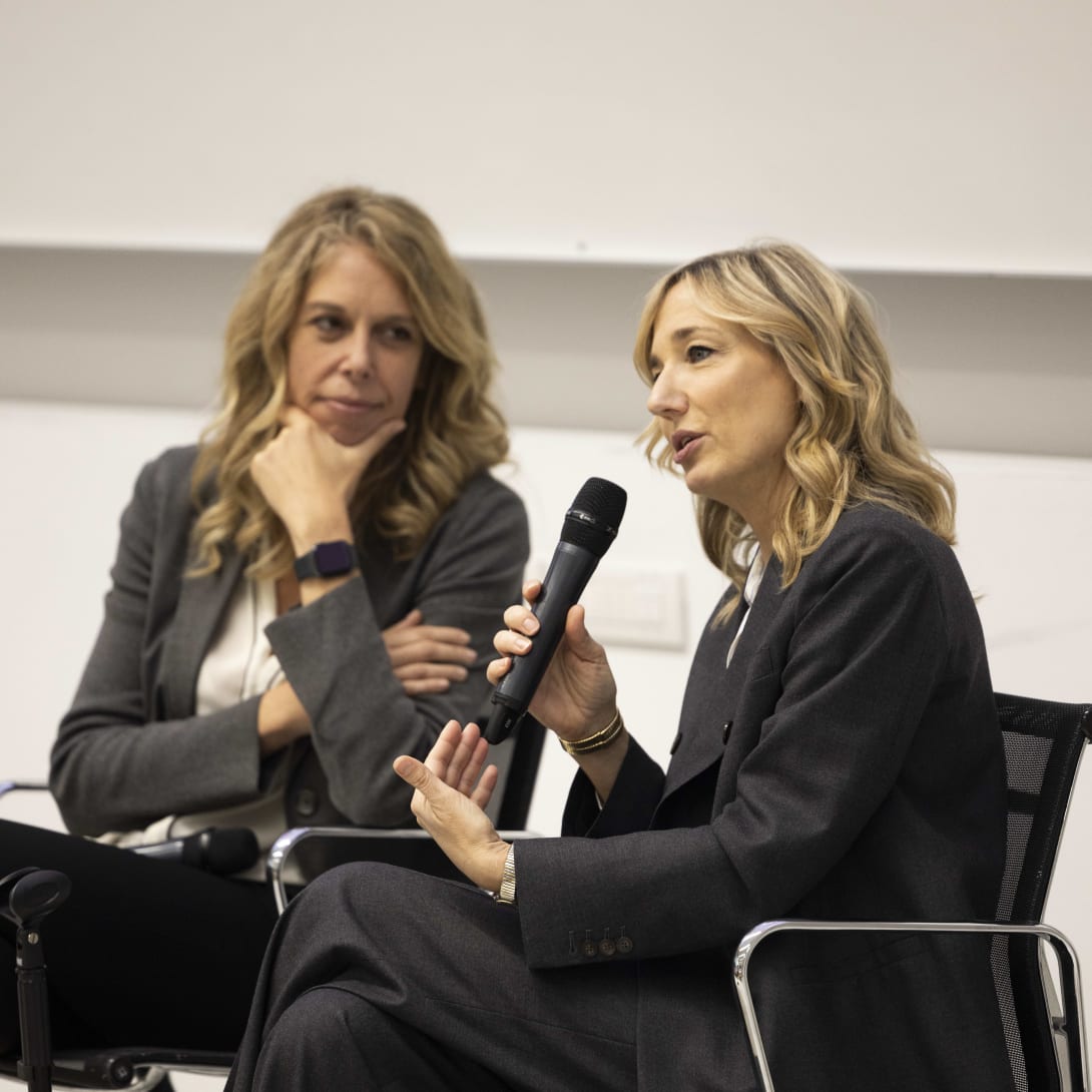 Laura Burdese speaking at Bocconi University during the Fondazione Bvlgari and STC masterclass.