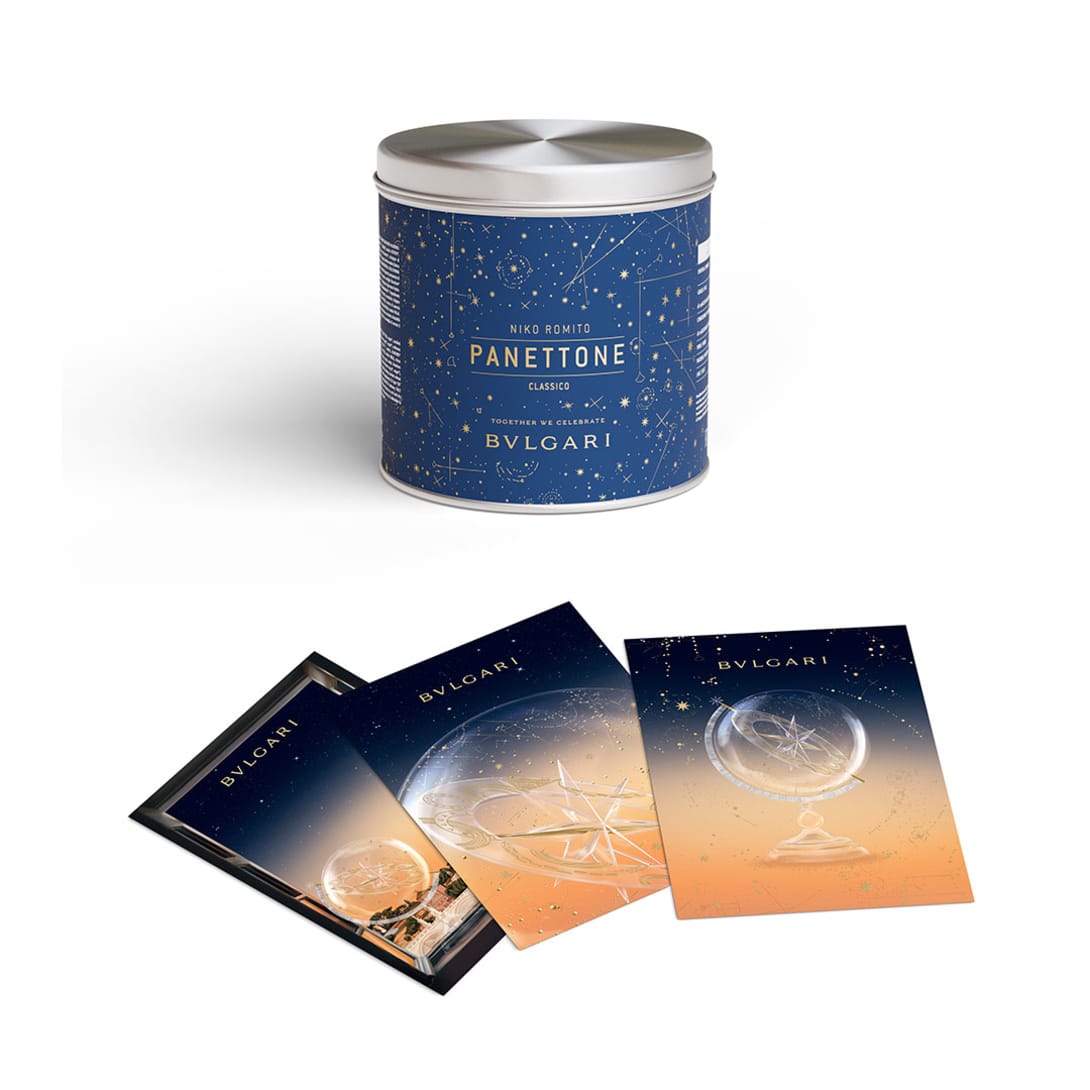 postcard firmata Bvlgari e un mini-panettone artigianale di Niko Romito