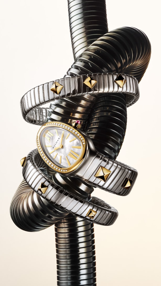 serpenti tubogas bracelet, serpenti tubogas watch, creative shot by Gold & Steel campaign
