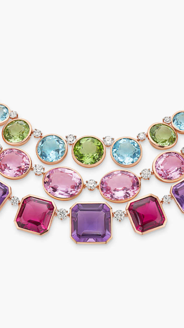 The Earth Song High Jewellery necklace with pink tourmaline, amethyst, kunzite, and round-cut diamonds, full view.