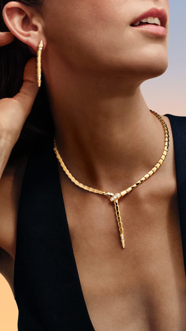 Model wearing Serpenti jewellery, Magnificent Icons campaign.
