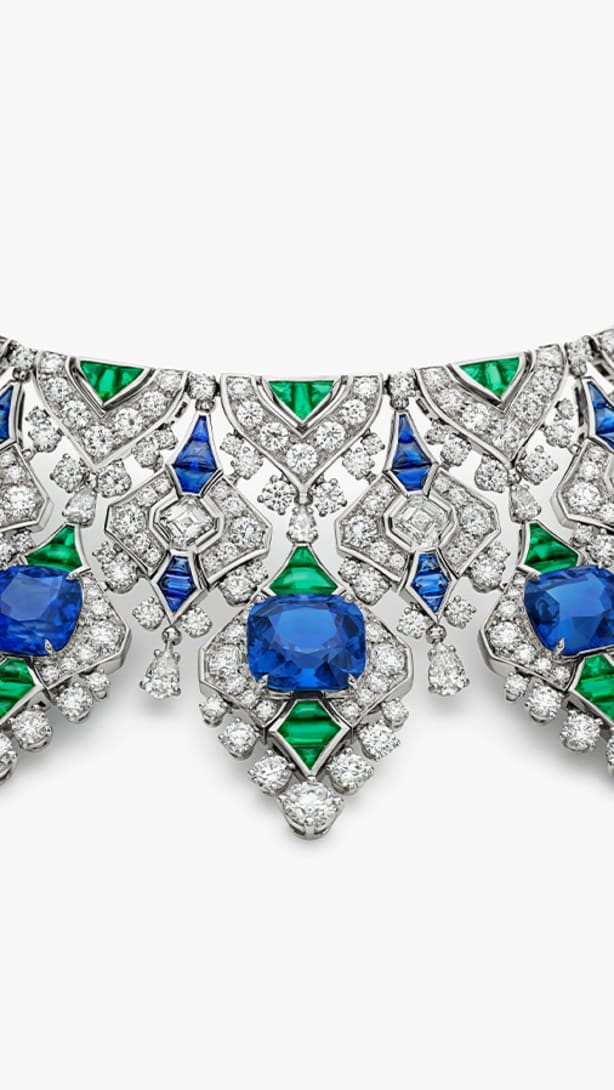 The Sapphire Brocade High Jewellery necklace with cushion sapphires, emeralds and diamonds, full view.